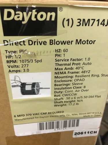 DAYTON 3M714J Direct Drive Blower Motor 1/2 HP, 1075 RPM, 277V ***NEW***