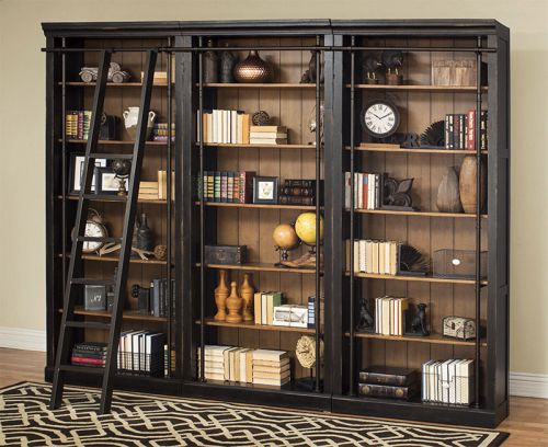 Toulouse Black 3 Piece Office Bookcase Set or Library Bookcase Wall with Ladder