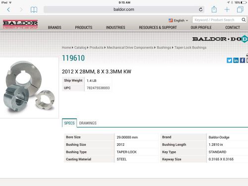 Baldor Taper Lock Bushing 2012 X 28Mm, 8 X 3.3Mm Kw (New)