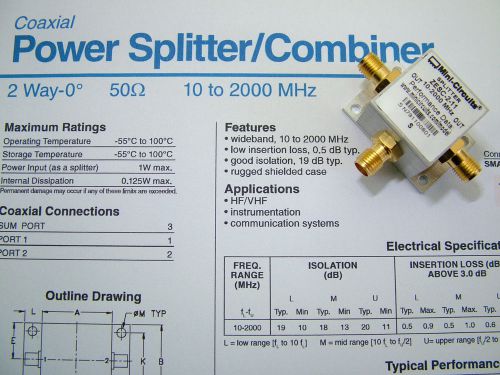 RF Power Splitter 2 way 10MHz - 2GHz Mini circuits ZESC-2-11 HF VHF UHF GPS