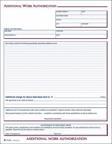 Adams Additional Work Authorization Forms 8.5 x 11.44 Inch 3-Part Carbonless ...