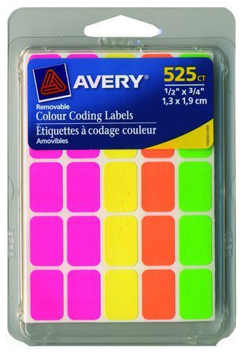 Avery Removable Colour Coding Labels, 1/2&#034; x 3/4&#034;, Assorted, 525/pack
