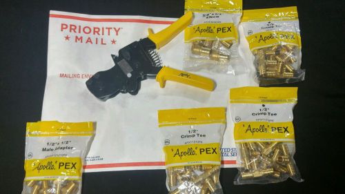 New pex cinch clamp crimp tool &amp; (52) fittings lot-3/4 &amp;1/2 tees/ elbow/&#034;adapyer for sale