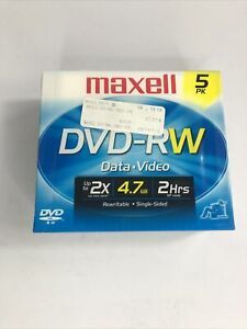 NEW Maxell DVD-RW 120 Min 4.7 GB Data Video Music ReWriteable 5 Pack Single Side