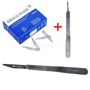 Lab Surgical Blades Instrument Scalpels Steel 4.3*0.6cm + Dental Knife holder