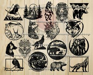 18+ Cut Files SVG Hunting Forest Clipart Wolf Bear Eafgle Stencil CDR AI DXF
