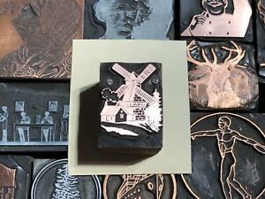 Antique VTG Wood &amp; Metal Windmill Letterpress Print Type Cut Ornament Block