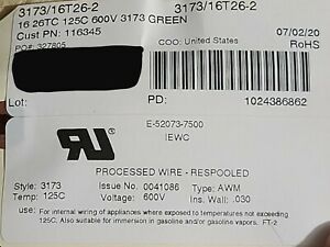Therm-O-Link #16awg UL-3173 XLPE Tinned Copper Wire 600V Green/Yellow /100ft