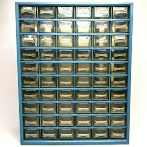 60 Drawer Storage Plastic Cabinet Small Parts Organizer Bin Blue Wall Mount Vtg