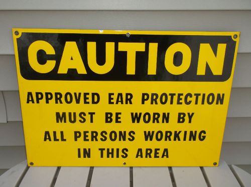 Vtg. industrial factory caution ear protection porcelain enamel 20x14 sign #4 for sale