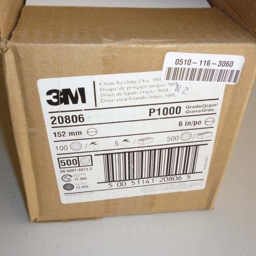 BOX of 500 Clean Sanding Discs, 3M 20806, 360L, 6&#034; P1000 Grade, New In Box!