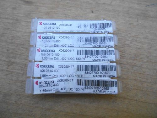 Kyocera  1.55 mm  solid carbide  drill , .400&#034; loc. lot of 5 for sale