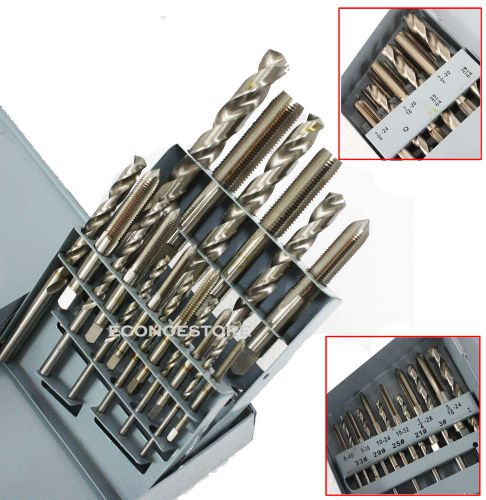 18pc unf tap &amp; drill bit set hss high speed steel bits w/metal index case #32076 for sale