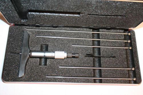 Starrett 445 -6 Micrometer; 0-6&#034; Range, 3&#034; Base-Ratchet, Lock Nut, 6 Rods 445