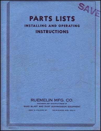 Ruemelin Parts &amp; Install Manual 30 x 20 Blast  Cabinet