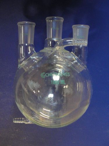 Nice 1000ml full jacketed heavy round bottom 3 neck reaction flask chemglass for sale