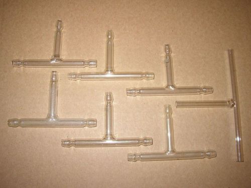 Lot of 6 + 1 distillation hose fittings. t shaped.  3/8 inch id hose.  kimax. for sale