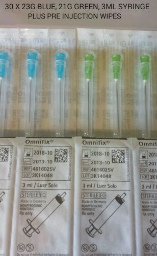 Mixed sterile Hypodermic 3ml syringes ,1.5&#034; green , 1.25&#034; blue and wipes x 30