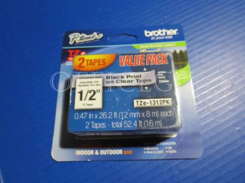 Brother TZe-1312PK P-Touch Label Tape, 1/2&#034; Black on Clear, 2/Pack