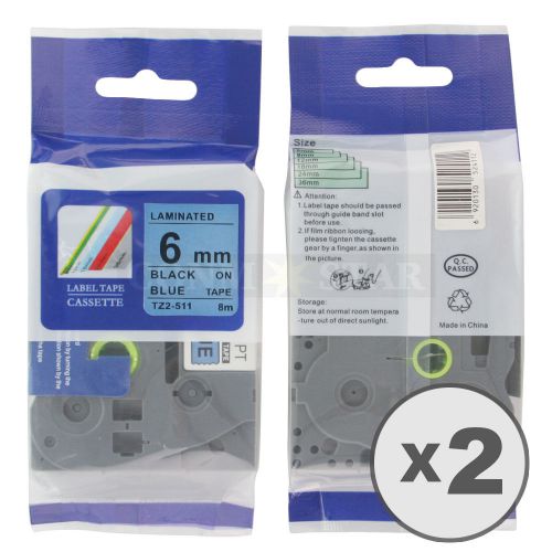 2pk Black on Blue Tape Label Compatible for Brother P-Touch TZ TZe 511 6mm 1/4&#034;