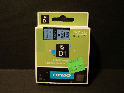 New dymo d1 black blue label cassette 1/2&#034; x 23 ft - 12mm x 7m mpn #45016 for sale