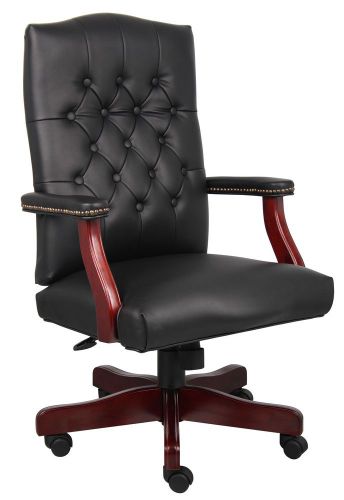 NEW LEATHER OFFICE CHAIR WITH MAHOGANY WOOD BASE B905-BK