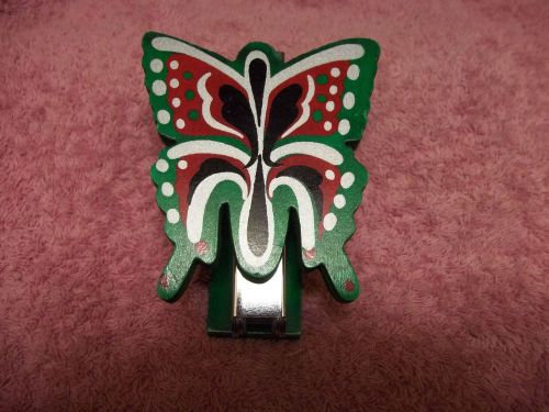 9VTG Retro Wood and Stainless Green Multi Color Butterfly Figural Stapler Japan