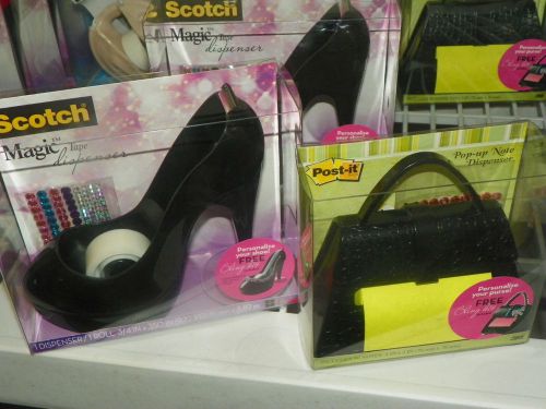 Scotch magic tape dispenser black high heel shoe &amp; post-it pop-up purse dispen for sale