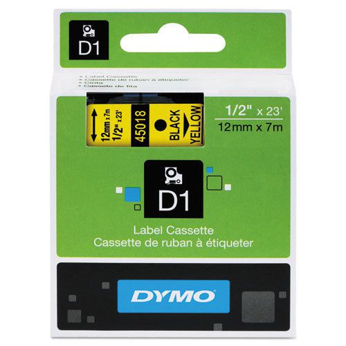D1 Standard Tape Cartridge for Dymo Label Makers, 1/2in x 23ft, Black on Yellow