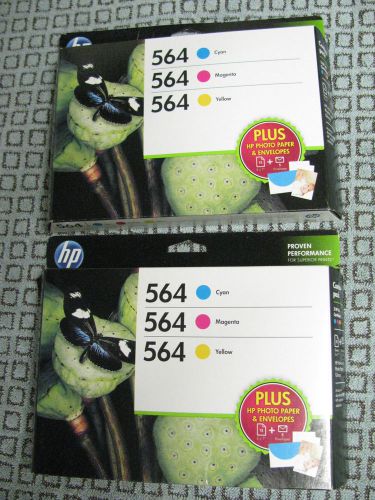 (2) HP 564 Cyan/Magenta/Yellow Color Ink Cartridges P 15 Photo Paper &amp; envelope
