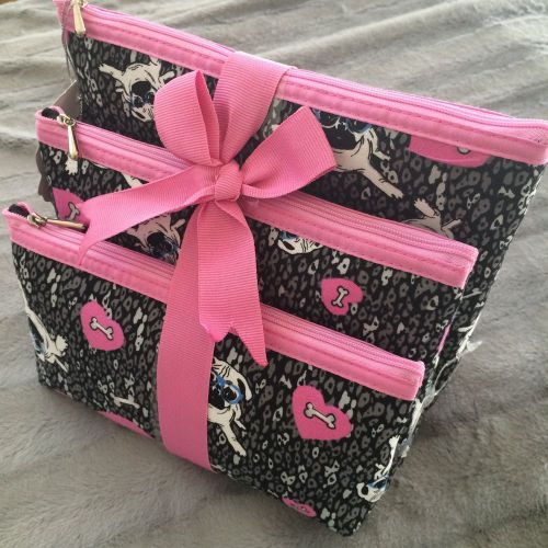Once Upon a Rose NWT pink black pug boston 3 piece cosmetic bag set travel
