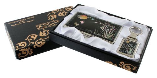 mother of pearl orchid business card holder key chainkey ring gift set #17
