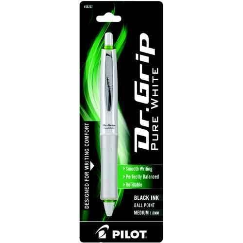 Pilot Dr. Grip Pure White Black Medium Ink Green Barrel Accents
