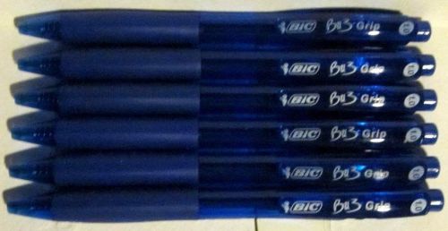6 Bic BU3 Grip Ballpoint Pens - Blue Ink - Medium Lines 1.0mm