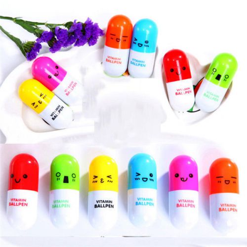 Hot 6pcs Mix Color Emoji Vitamin Capsule Pills Ball Point Ball Pen Telescopic