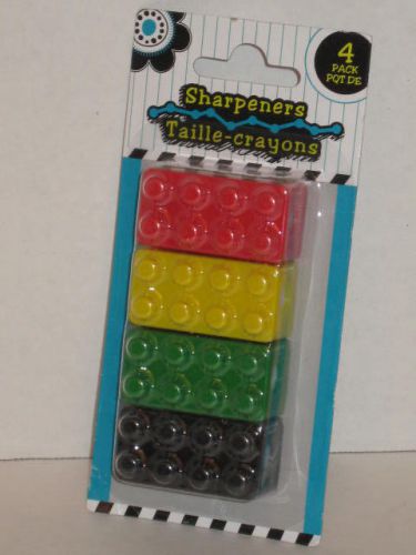 Package of 4 Pencil Sharpeners Lego Brick Style Red Yellow Green Black NIP