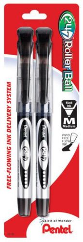 Pentel 24/7 Roller Ball Pen Medium Line Black Ink 2 Pack Carded