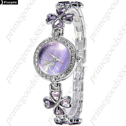 Luck Four Leaf Clover Rhinestones Bracelet Lady Ladies Wristwatch Women&#039;s Purple