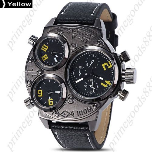 Hot Series PUNK 3 Time Zones Wristwatch Quartz Analog Men&#039;s Dark Case Yellow