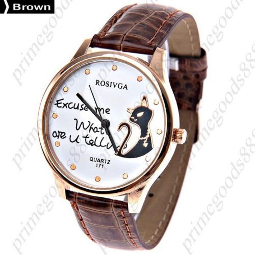 Cat round case pu leather quartz wrist wristwatch free shipping women&#039;s brown for sale