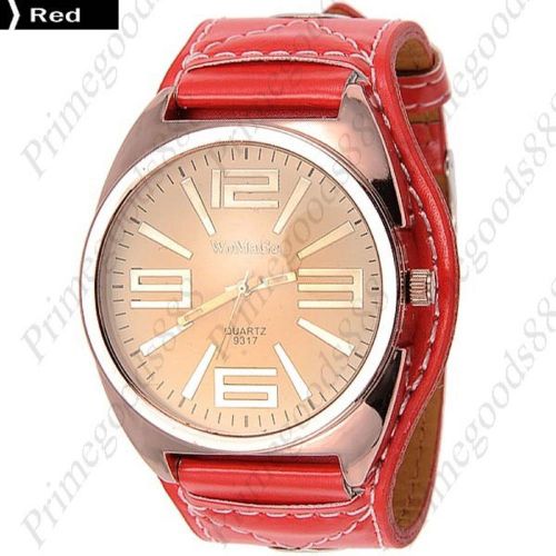 Large Wide PU Leather Wrist Analog Lady Ladies Quartz Wristwatch Women&#039;s Red