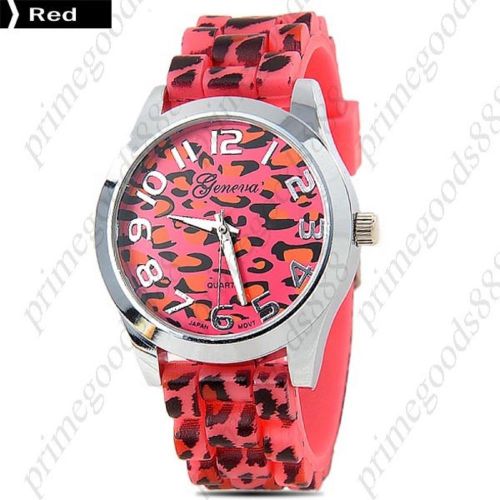 Leopard Round Case Silica Gel Lady Ladies Wrist Quartz Wristwatch Women&#039;s Red