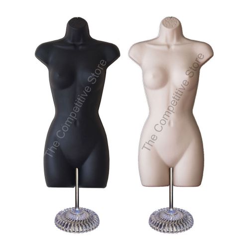 2 black + flesh female mannequin dress forms (hip long) w/ economic plastic base for sale