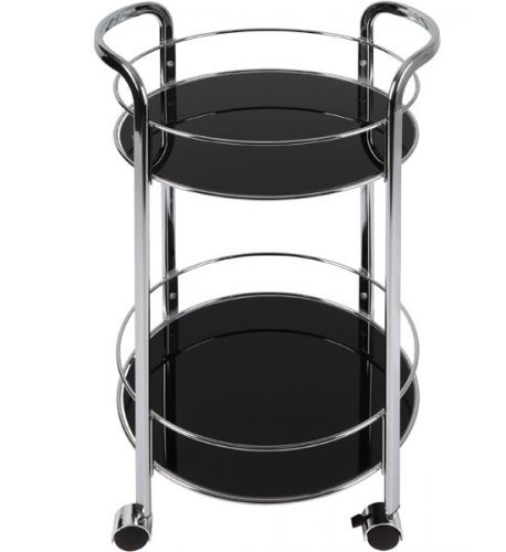 Round Rolling Bar Serving Cart with Black Glass Shelves
