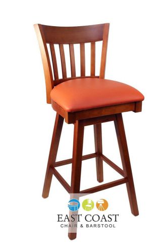 New gladiator cherry vertical back wooden swivel bar stool w/ orange vinyl seat for sale