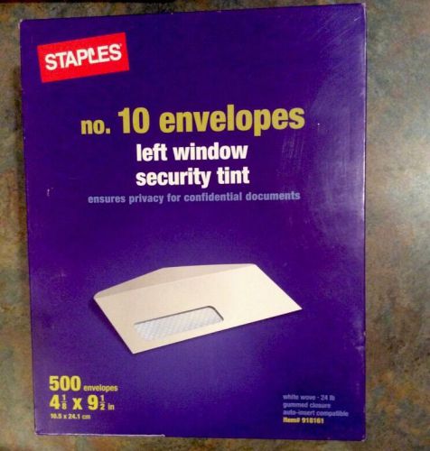 Security envelopes left window tint 500 envelopes 4 1/8 9 1/2 gummed staples#10 for sale