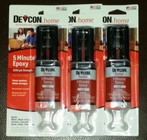 Lot of 3-devcon home 5 minute epoxy 20845 clear .84oz 1500 psi glue free ship! for sale