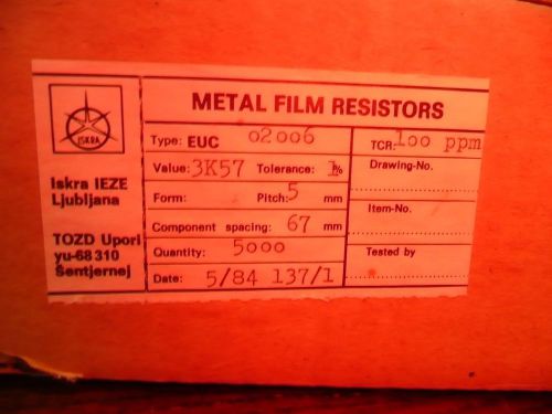 1 reel (5000 pcs) ISKRA 3.57k ohm 1/4 Watt 1% Metal Film Resistors