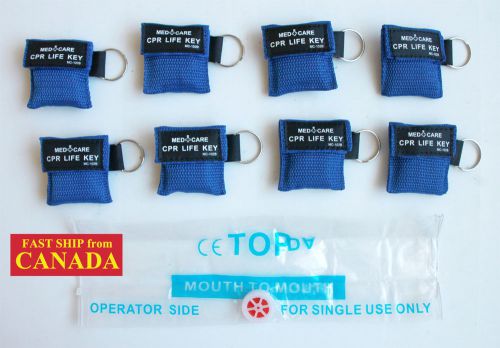 8PCS CPR MASK FACE SHIELD in POUCH w/ KEY CHAIN, 1-way Valve, 2&#034; x 2&#034;, BLUE