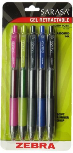 10 NEW! Zebra Sarasa Gel Retractable Pen. Medium Point 0.7mm Assorted Colors 5Pk
